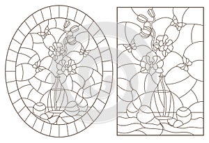 Contour set with  illustrations in stained glass style with still lifes , a bouquet of orchids and fruits , dark contours on a whi photo