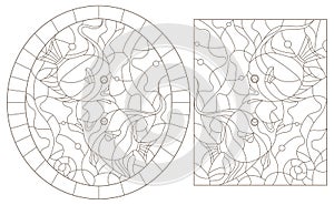 Contour set with illustrations of stained glass Windows with fish on the background of the seabed and algae, dark contours on a w