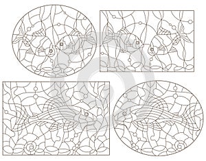 A set of contour illustrations of stained glass Windows with fishes , dark contours on a white background