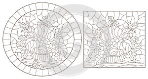 Contour set with illustrations of stained glass Windows with fruit still lifes, dark outlines on a white background photo