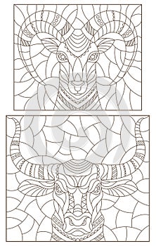 A set of contour illustrations of stained glass Windows with ram and bull heads, dark outlines on a white background