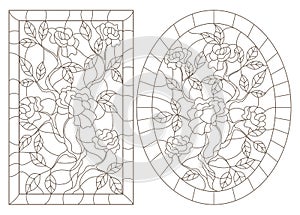 Contour set with illustrations of stained glass Windows with rosees in frames, dark contours on a white background, oval and rect