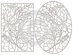 Contour set with  illustrations of stained glass Windows with rosees in frames, dark contours on a white background, oval and rect