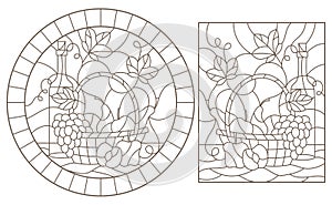 Contour set with  illustrations of stained glass Windows with still lifes, a bottle of wine and fruit ,dark contours on a white ba photo