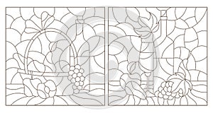 Contour set with  illustrations of stained glass Windows with still lifes, a bottle of wine and fruit, dark outlines on a white ba photo