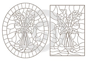 Contour set with  illustrations of stained glass Windows with still lifes, bouquets of Callas and pears, dark contours on a white photo