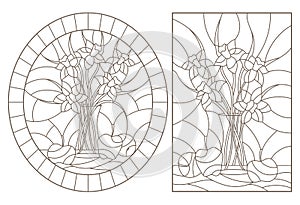 Contour set with  illustrations of stained glass Windows with still lifes, bouquets of daffodils and fruits, dark contours on a wh photo