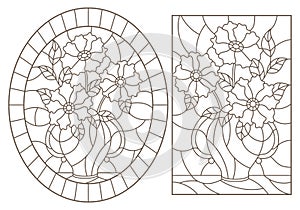 Contour set with  illustrations of stained glass Windows with still lifes, bouquets of flowers in vases, dark contours on a white photo