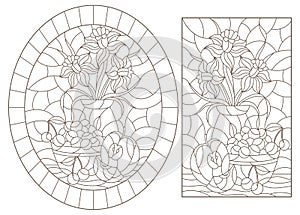 Contour set with  illustrations of stained glass Windows with still lifes, flowers and fruits, dark outlines on a white background photo