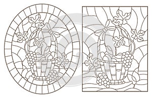 Contour set with  illustrations of stained glass Windows with still lifes, fruit baskets, dark contours on a white background photo