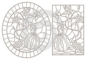 Contour set with  illustrations of stained glass Windows with still lifes, jug and fruit, dark contours on a white background