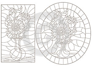 Contour set with  illustrations of stained glass Windows with still lifes, vases with sunflower flowers, dark outlines on a white photo