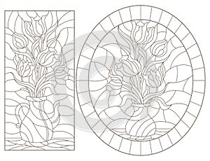 Contour set with   illustrations of stained glass Windows with still lifes, vases with Tulip flowers, dark outlines on a white bac photo