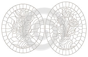 Contour set with illustrations of stained glass Windows with still lifes, vases with Tulip flowers, dark outlines on a white backg photo