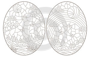 Contour set with  illustrations of stained glass Windows with summer landscapes, dark outlines on a white background, oval images