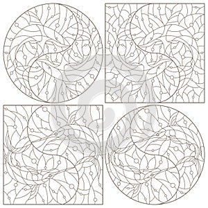 A set of contour illustrations of stained glass Windows with sword fishes and sharks , dark contours on white background