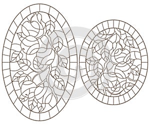 A set of contour illustrations of stained glass Windows with tree branches, Apple tree branch with ripe fruit and leaves