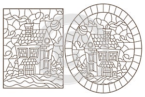 Contour set with   illustrations of the stained glass Windows with the village houses in the background of a winter landscape,dark photo