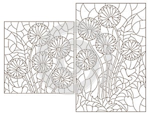 Contour set with  illustrations in the style of stained glass with abstract dandelion flowers, dark contours on a white background