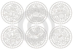 Set of contour illustrations in the style of stained glass with cute cartoon owls, dark contours on a white background