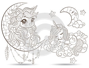 Set of contour illustrations in the style of stained glass with cute cartoon unicorns and the moon