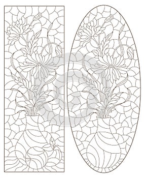 Contour set with  illustrations in the style of stained glass with floral still lifes, dark outlines on a white background