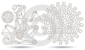 A set of contour illustrations in the style of stained glass with steam punk zodiac signs Libra