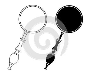Set of contour silhouettes of magnifiers separately from the background. Search and education. Vector object