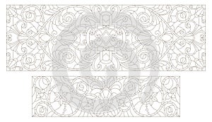 Set contour Stained glass illustrations with abstract swirls and flowers , horizontal orientation