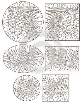 A set of contour stained glass illustrations with cedar cone on a branch , dark outlines on white background