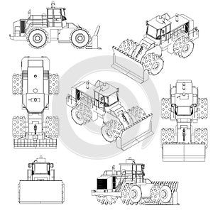 Set with the contours of the bulldozer from black lines Isolated on white background. 3D. Vector illustration