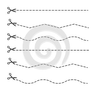 Set of contours for cutting lines with scissors. Scissors cut along the line