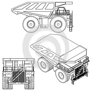 Set with the contours of a dump truck from black lines isolated on a white background. Side view, front, isometric