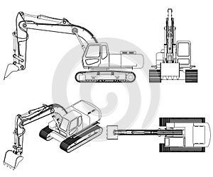 Set with the contours of the excavator from black lines Isolated on white background. Side, front, top, isometric view