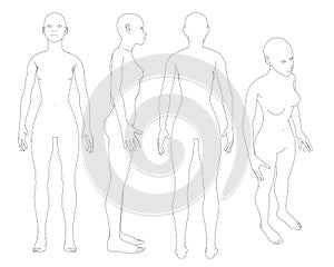 Set with contours of the naked girl. Girl with different types of black lines. Front, back, side and isometric view