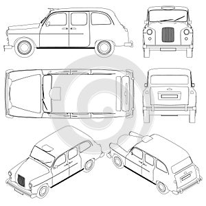 Set with the contours of a retro car from black lines isolated on a white background. Old car from different sides