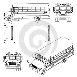 Set with the contours of the school bus from black lines Isolated on white background. Side view, top, front, back