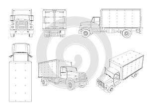 Set with the contours of the truck. The contours of the truck from different points of view. 3D. Vector illustration