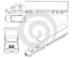 Set with contours of trucks with wagons from black lines Isolated on white background. Front, side, top, isometric view