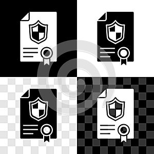 Set Contract with shield icon isolated on black and white, transparent background. Insurance concept. Security, safety