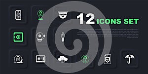 Set Contract with shield, Umbrella, Ringing alarm bell, Lock, Safe, and Cloud computing lock icon. Vector