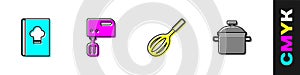 Set Cookbook, Electric mixer, Kitchen whisk and Cooking pot icon. Vector