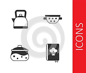 Set Cookbook, Kettle with handle, Cooking pot and Kitchen colander icon. Vector