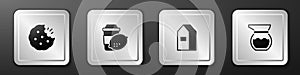Set Cookie or biscuit, Cup of tea with lemon, Paper package for milk and Teapot icon. Silver square button. Vector
