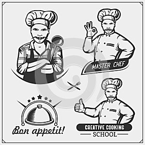 Set of cooking classes with chef cook emblems, labels and design elements.