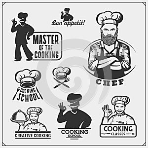 Set of cooking classes with chef cook emblems, labels and design elements.