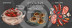 Set of cooking methods and culinary technics . Hand-drawn vector illustration