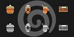 Set Cooking pot, American Football ball, Oven glove and Music synthesizer icon. Vector