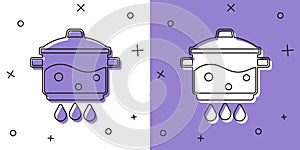 Set Cooking pot on fire icon isolated on white and purple background. Boil or stew food symbol. Vector