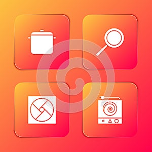 Set Cooking pot, Frying pan, Ventilation and Electric stove icon. Vector